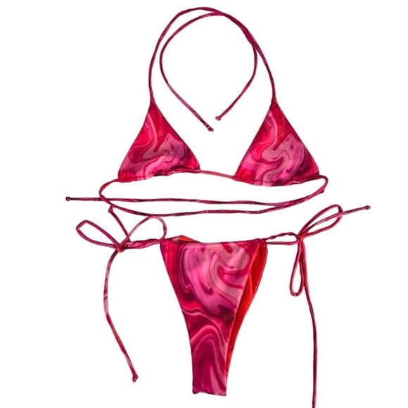FARAI LONDON VALENTINA PINK MARBLE SWIRL STRING TRIANGLE TIE SIDE BIKINI SET - Picture 4 of 13